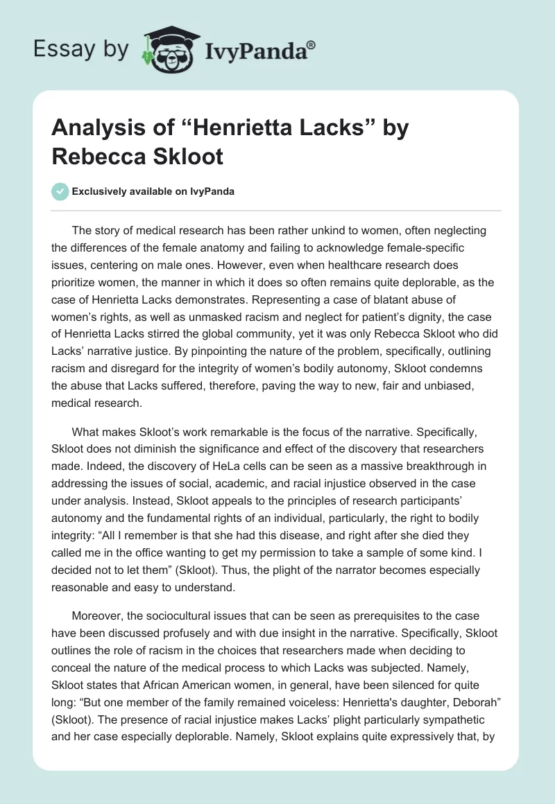 Analysis of “Henrietta Lacks” by Rebecca Skloot. Page 1