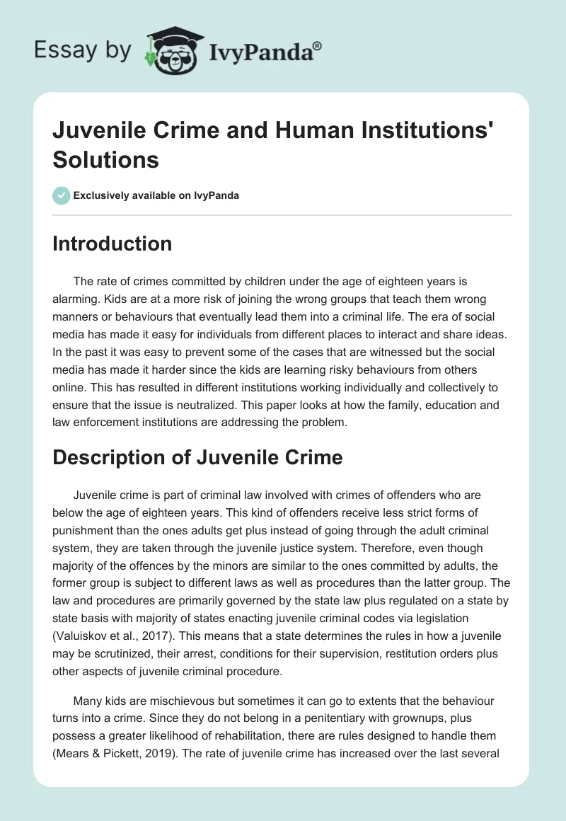 Juvenile Crime and Human Institutions' Solutions. Page 1