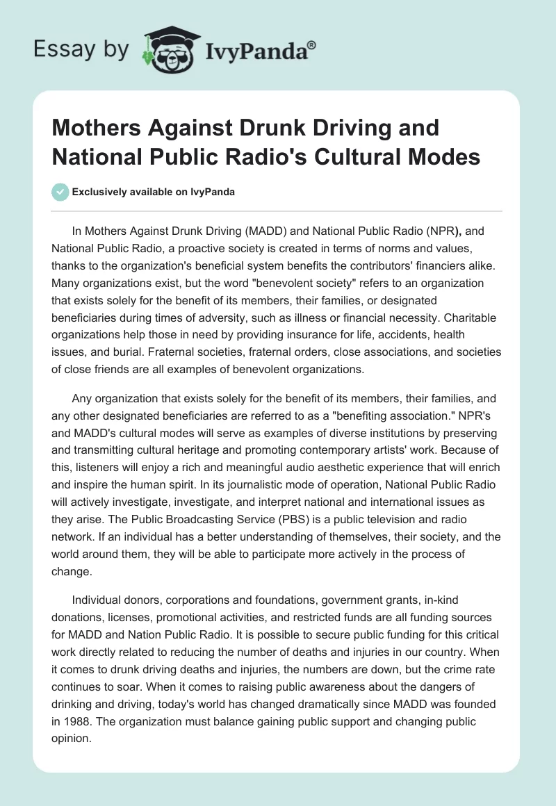 Mothers Against Drunk Driving and National Public Radio's Cultural Modes. Page 1