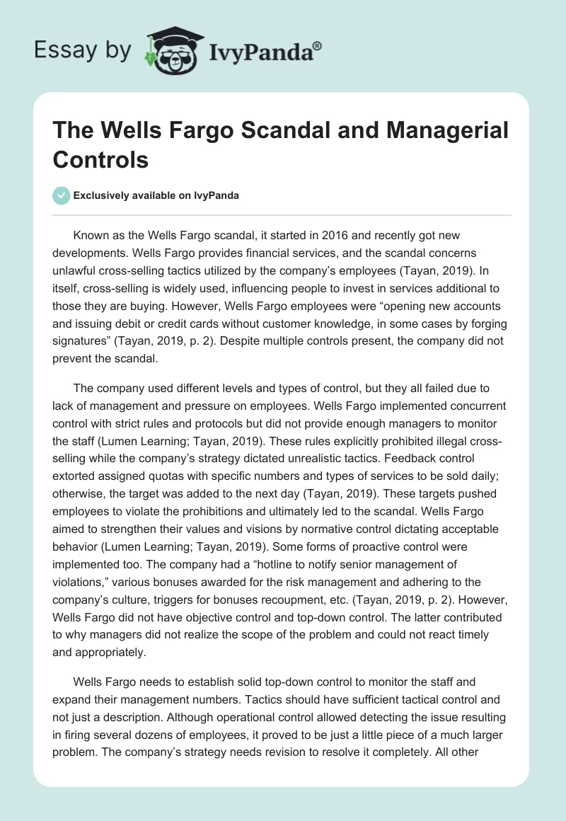 The Wells Fargo Scandal and Managerial Controls. Page 1