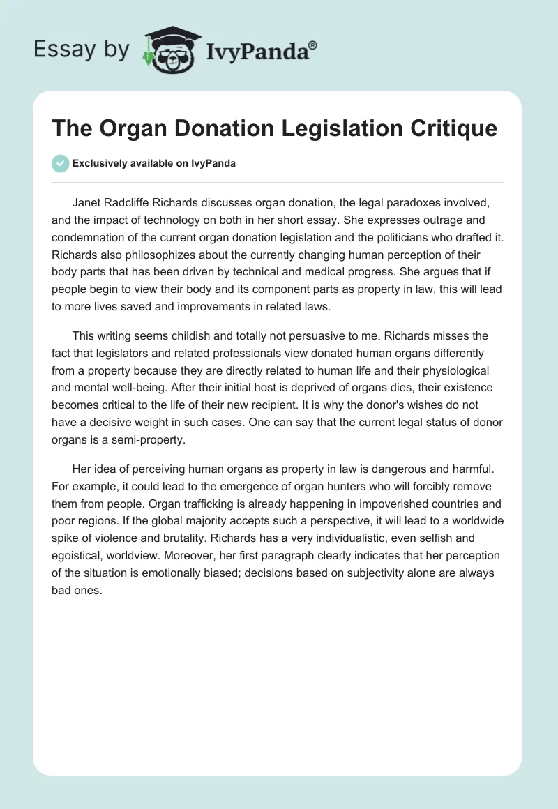The Organ Donation Legislation Critique. Page 1