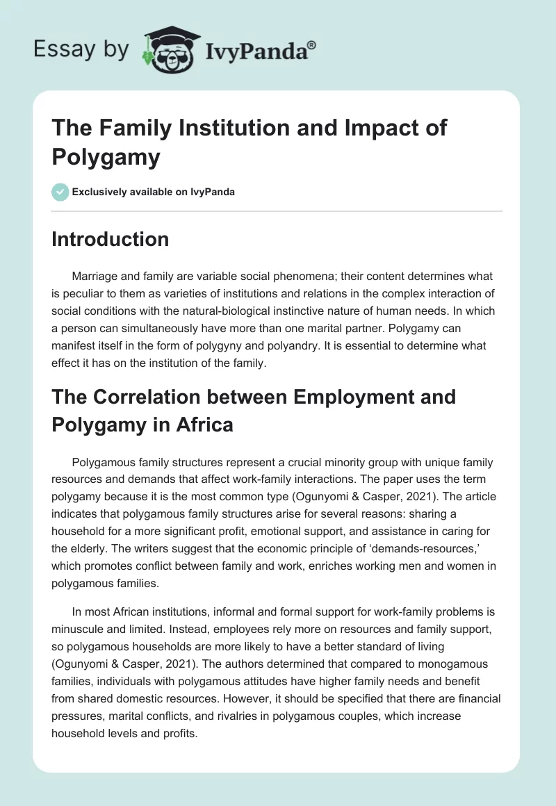 The Family Institution and Impact of Polygamy. Page 1