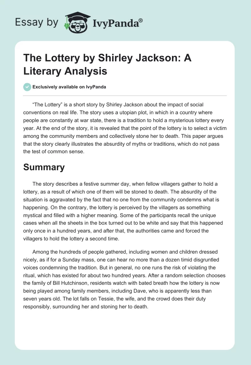 "The Lottery" by Shirley Jackson: A Literary Analysis. Page 1
