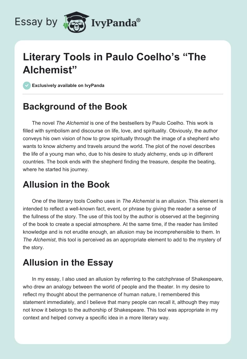 Literary Tools in Paulo Coelho’s “The Alchemist”. Page 1
