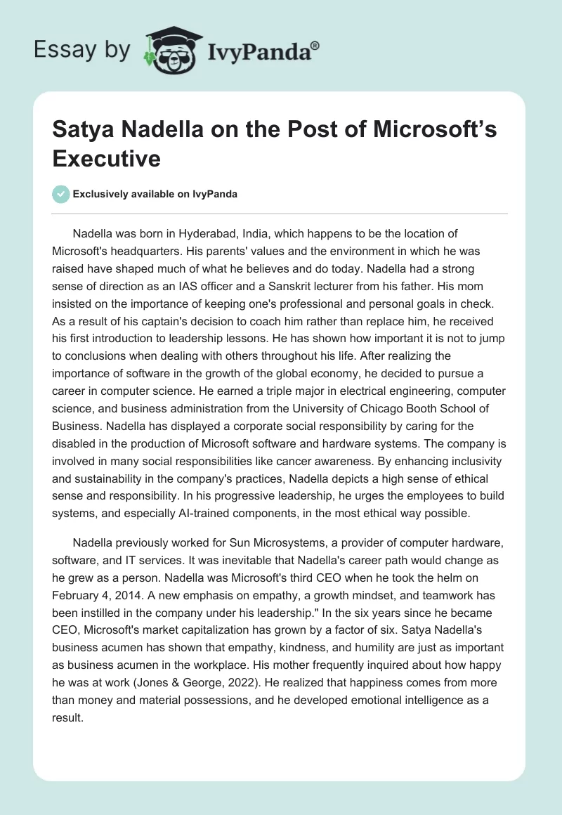 Satya Nadella on the Post of Microsoft’s Executive. Page 1