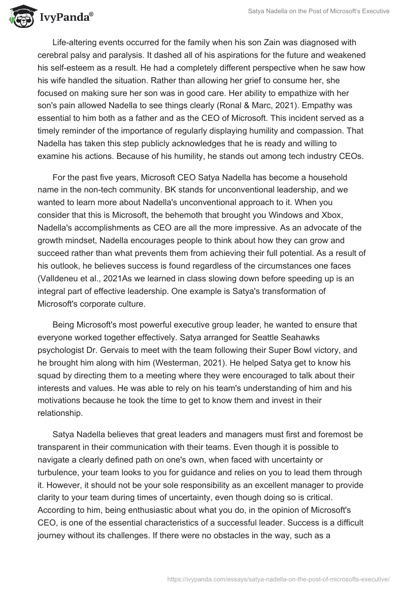 Satya Nadella on the Post of Microsoft’s Executive. Page 2