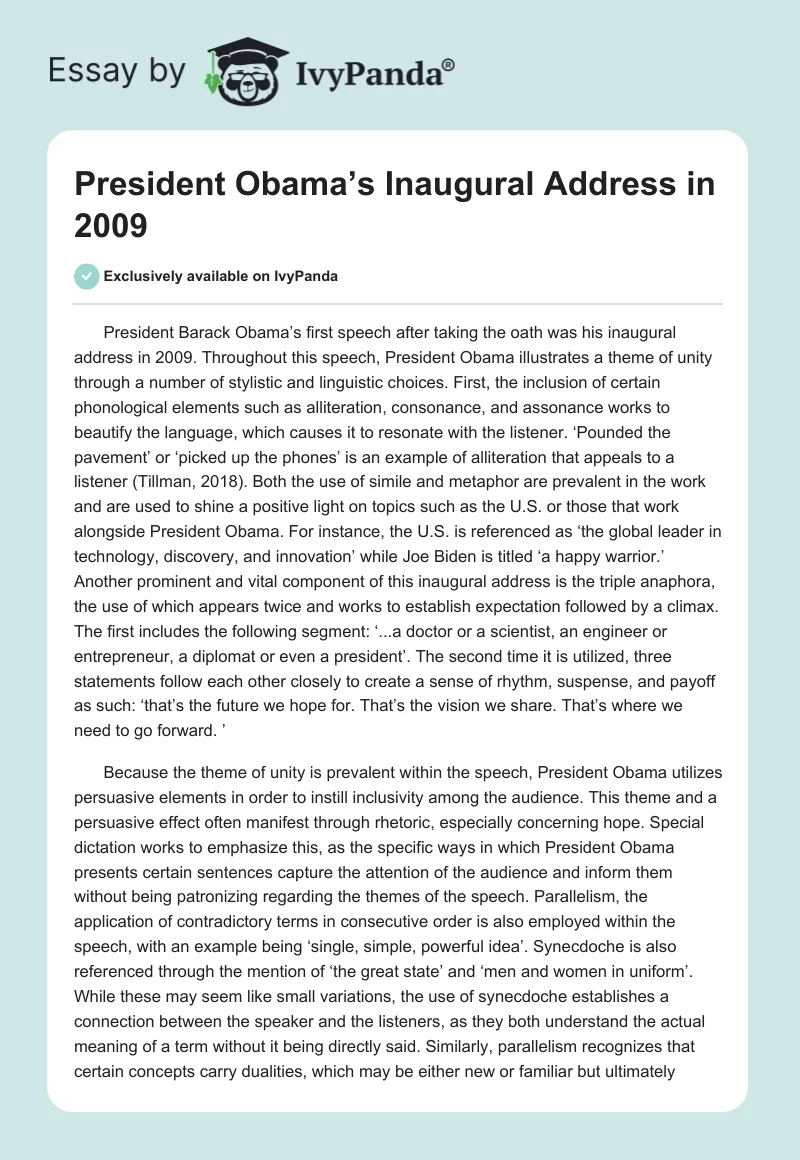 President Obama’s Inaugural Address in 2009. Page 1