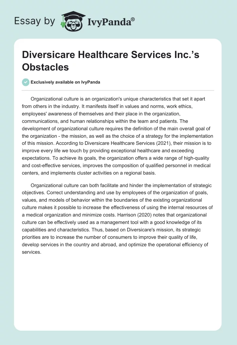 Diversicare Healthcare Services Inc.’s Obstacles. Page 1