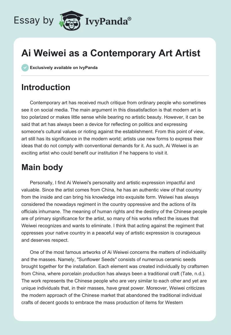 Ai Weiwei as a Contemporary Art Artist. Page 1