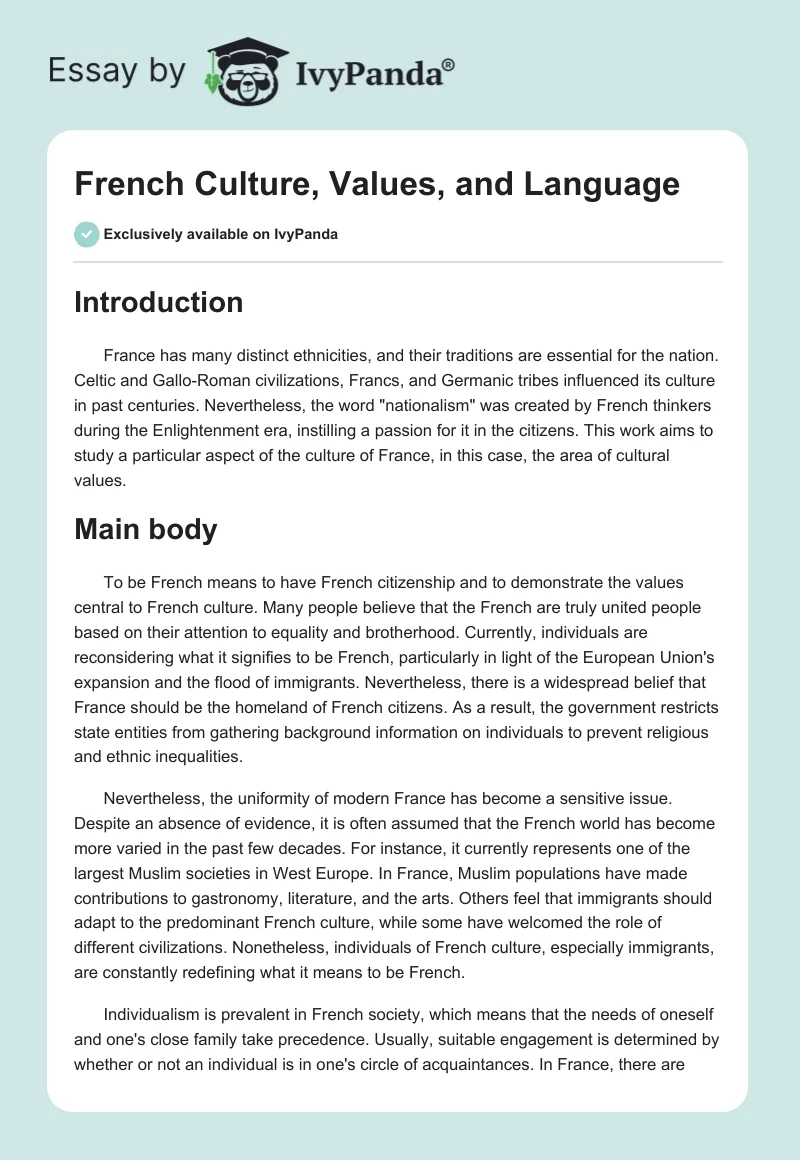 French Culture, Values, and Language. Page 1