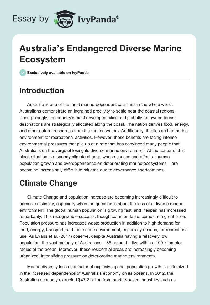Australia’s Endangered Diverse Marine Ecosystem. Page 1