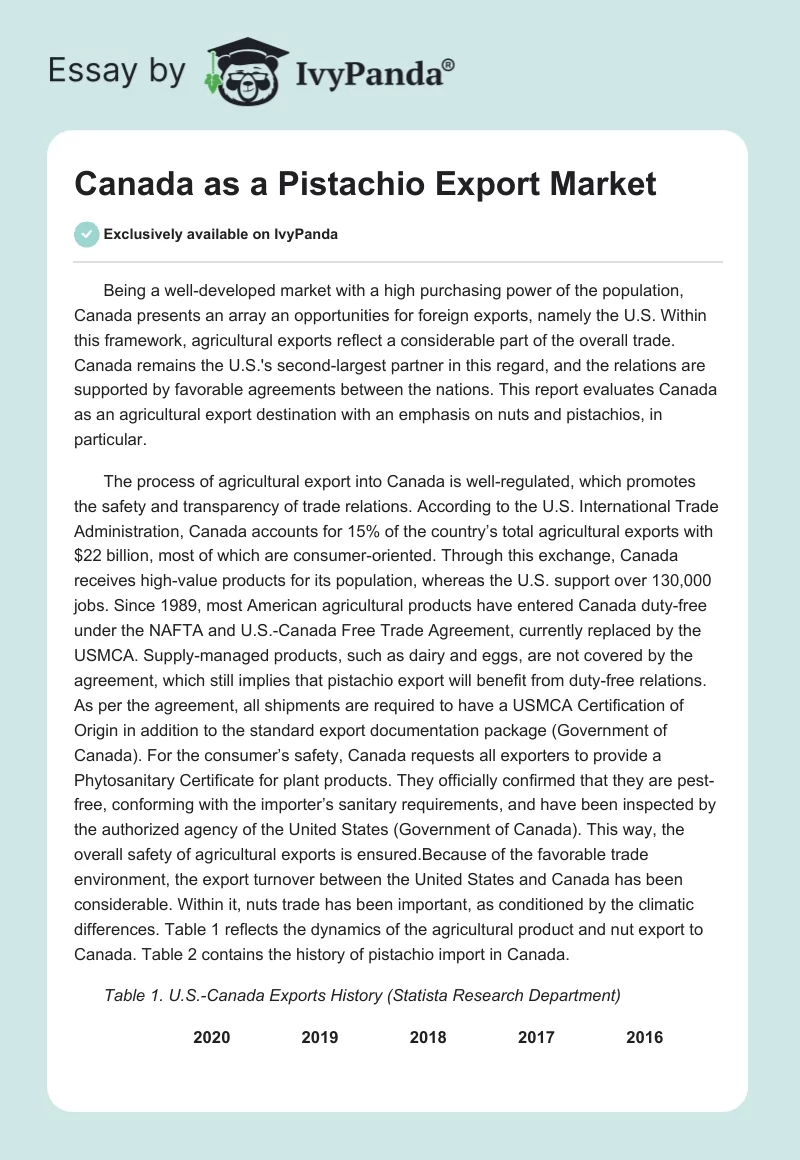 Canada as a Pistachio Export Market. Page 1