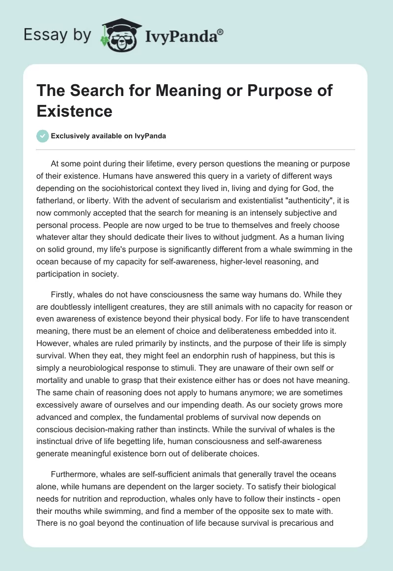 The Search for Meaning or Purpose of Existence. Page 1