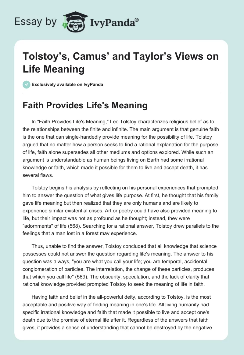 Tolstoy’s, Camus’ and Taylor’s Views on Life Meaning. Page 1