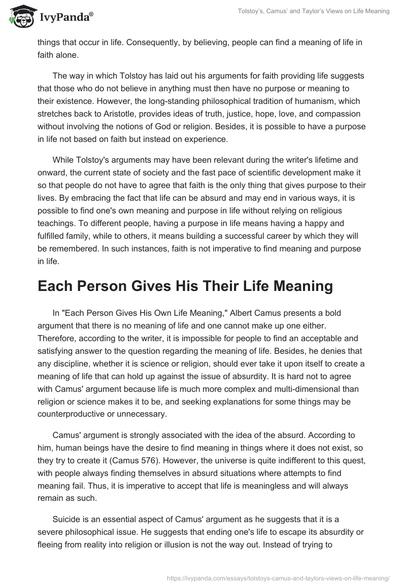 Tolstoy’s, Camus’ and Taylor’s Views on Life Meaning. Page 2