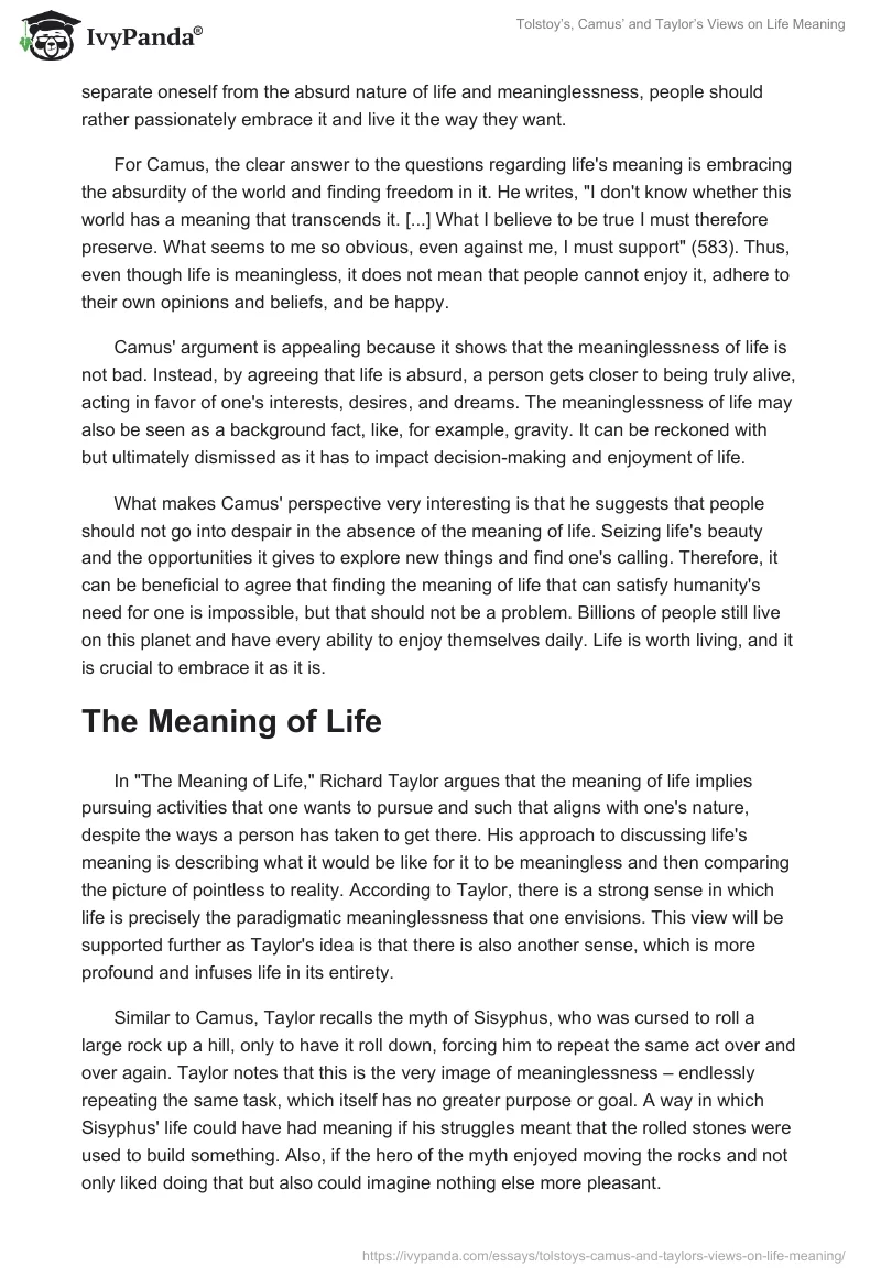 Tolstoy’s, Camus’ and Taylor’s Views on Life Meaning. Page 3