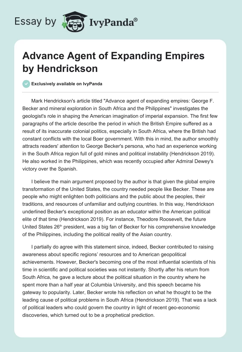 "Advance Agent of Expanding Empires" by Hendrickson. Page 1