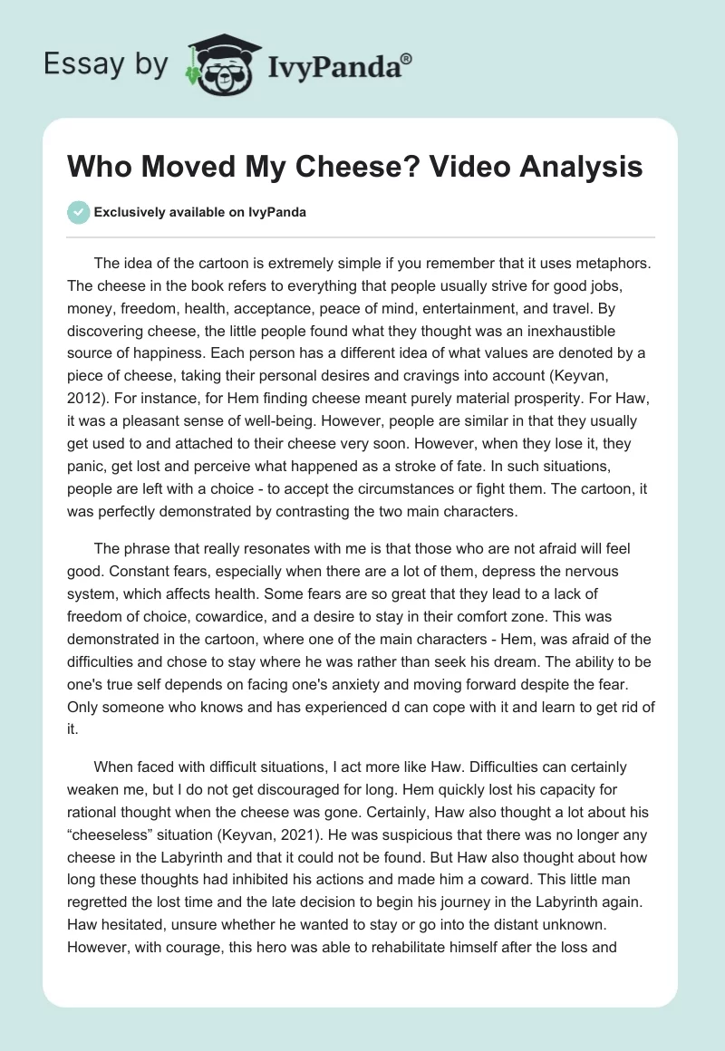 "Who Moved My Cheese?" Video Analysis. Page 1