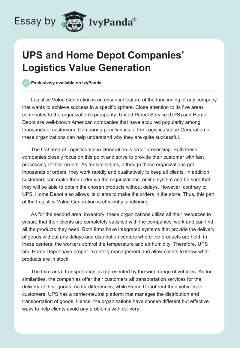 UPS and Home Depot Companies’ Logistics Value Generation. Page 1