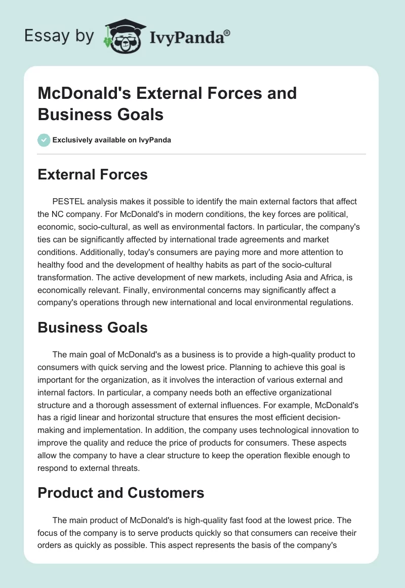 McDonald's External Forces and Business Goals. Page 1
