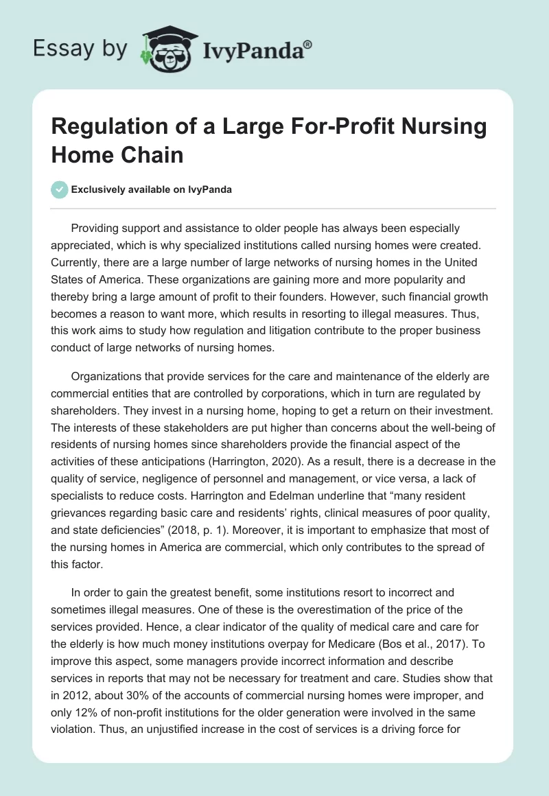 Regulation of a Large For-Profit Nursing Home Chain. Page 1