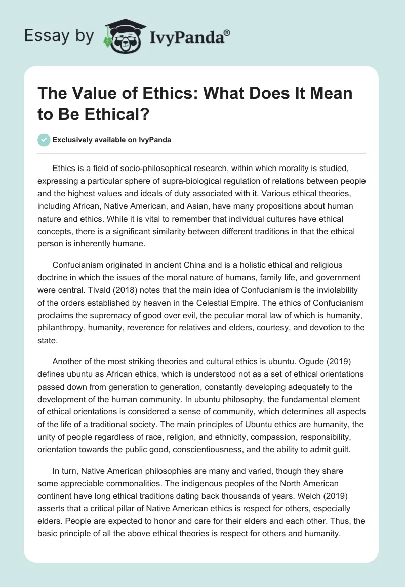 The Value of Ethics: What Does It Mean to Be Ethical?. Page 1