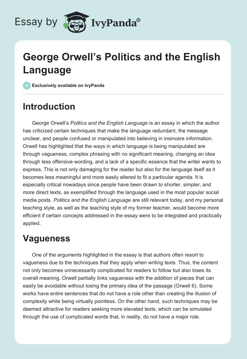 Orwell’s Politics and the English Language: Unmasking Language Manipulation. Page 1