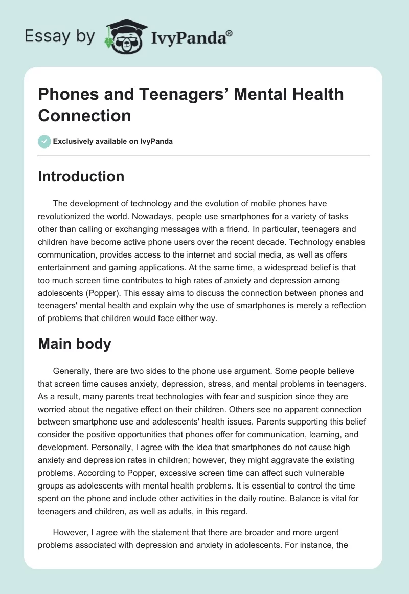 Phones and Teenagers’ Mental Health Connection. Page 1