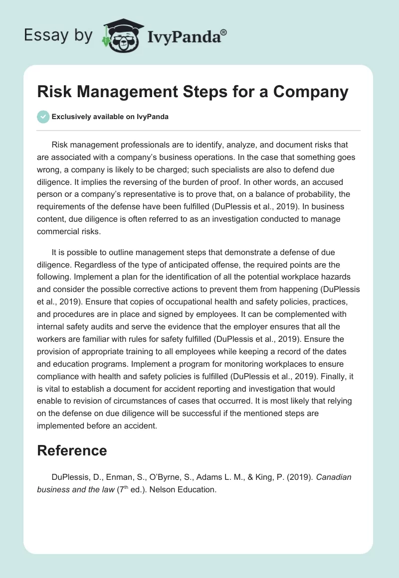 Risk Management Steps for a Company. Page 1