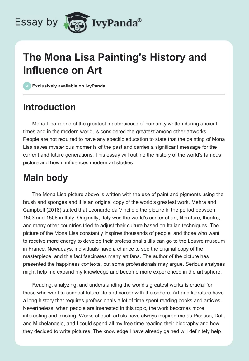 The Mona Lisa Painting's History and Influence on Art. Page 1