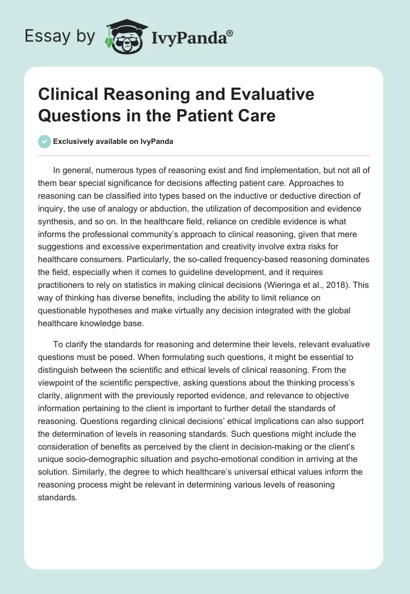 Clinical Reasoning and Evaluative Questions in the Patient Care. Page 1