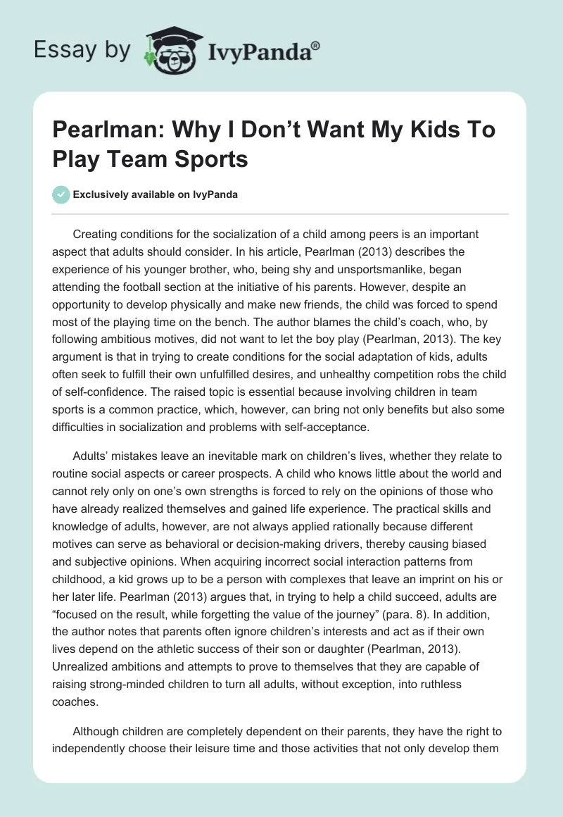 Pearlman: Why I Don’t Want My Kids To Play Team Sports. Page 1