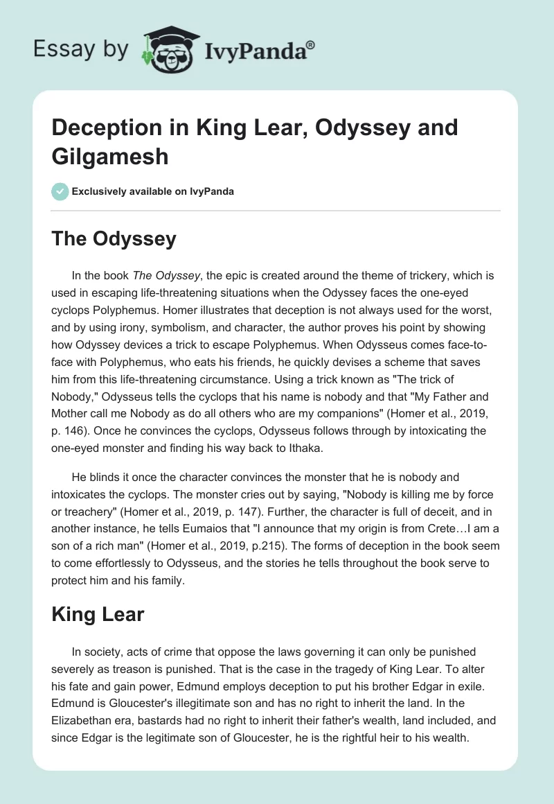 Deception in King Lear, The Odyssey and Gilgamesh. Page 1