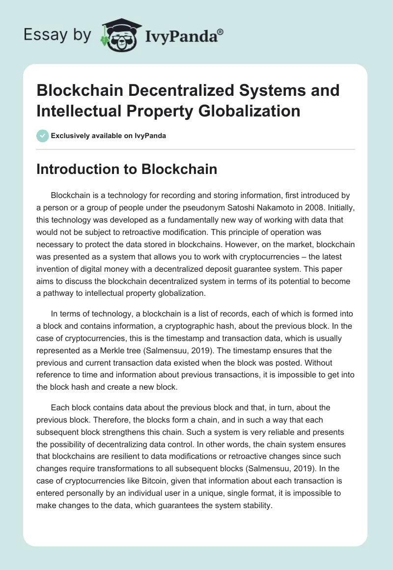 Blockchain Decentralized Systems and Intellectual Property Globalization. Page 1
