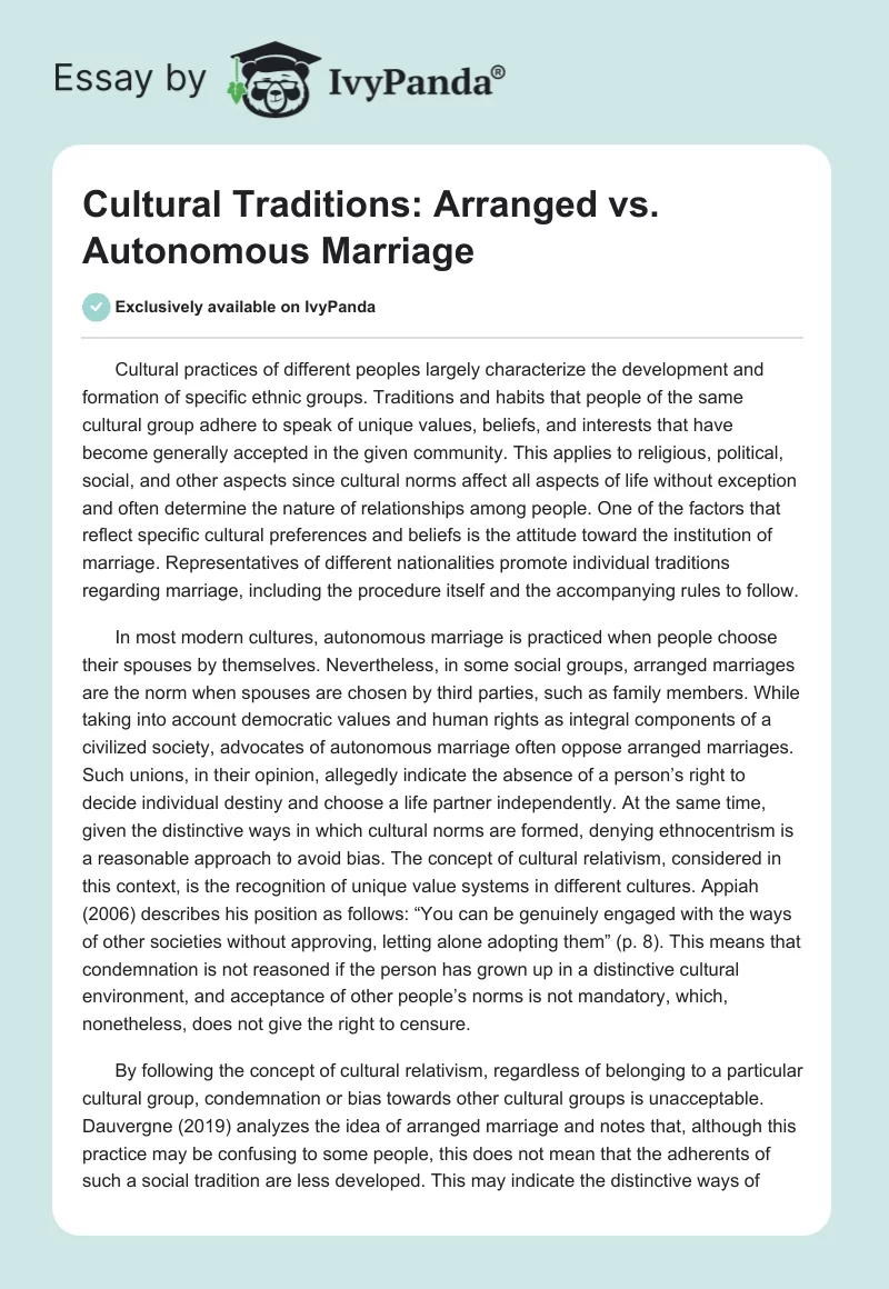 Cultural Traditions: Arranged vs. Autonomous Marriage. Page 1