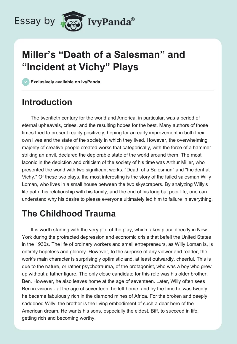 Miller’s “Death of a Salesman” and “Incident at Vichy” Plays. Page 1