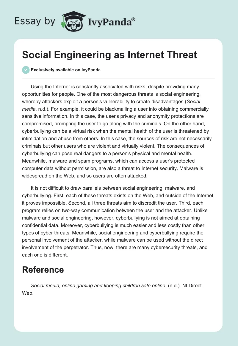Social Engineering as Internet Threat. Page 1