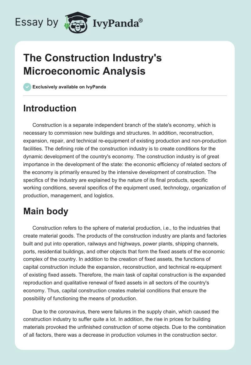 The Construction Industry's Microeconomic Analysis. Page 1