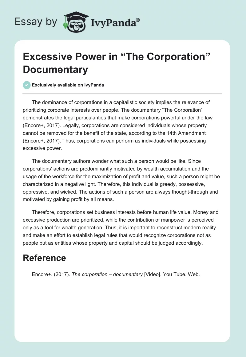 Excessive Power in “The Corporation” Documentary. Page 1
