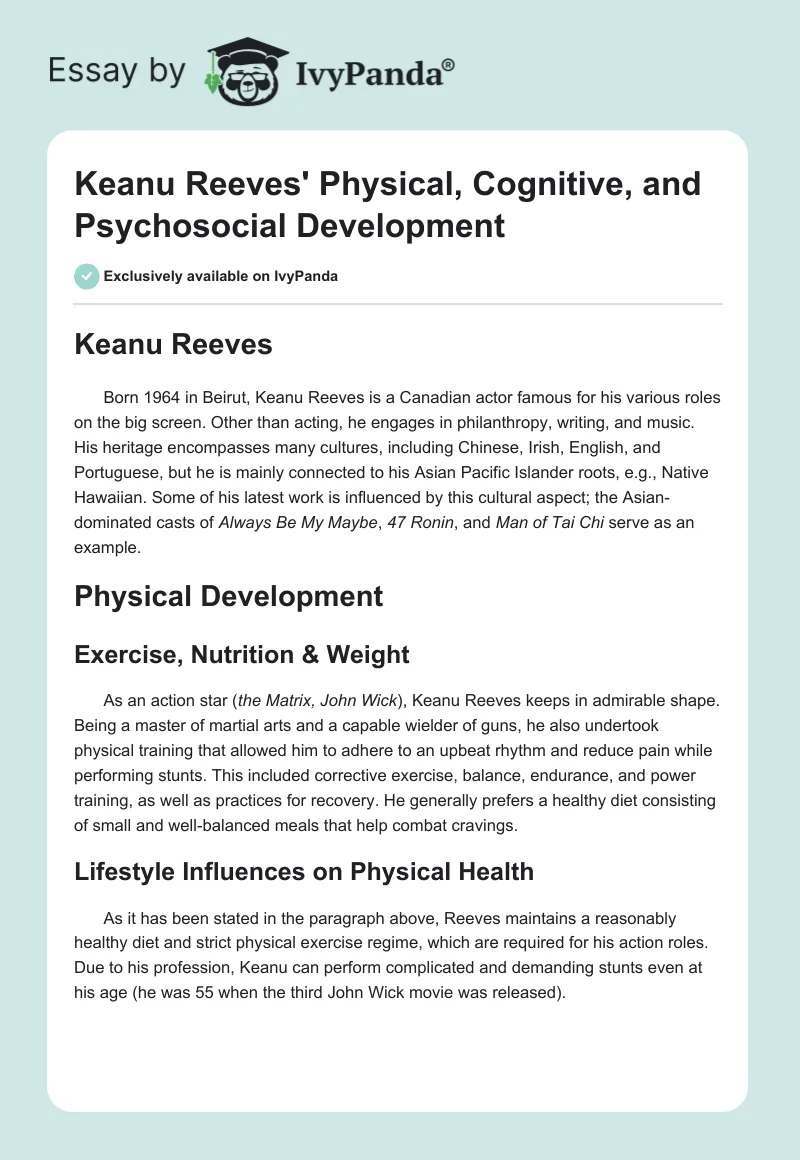 Keanu Reeves' Physical, Cognitive, and Psychosocial Development. Page 1