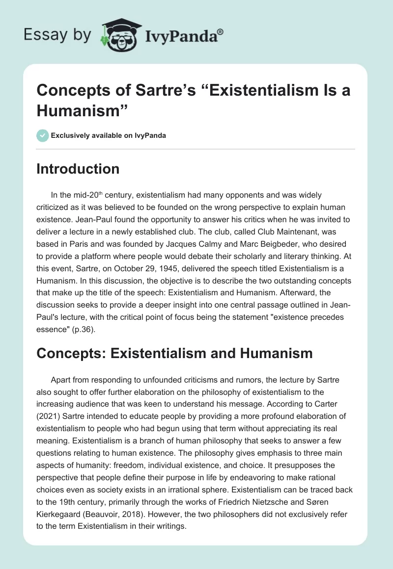 Concepts of Sartre’s “Existentialism Is a Humanism”. Page 1