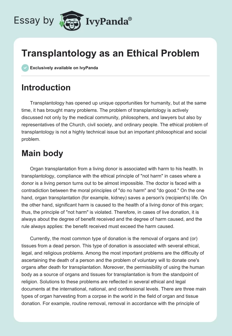 Transplantology as an Ethical Problem. Page 1