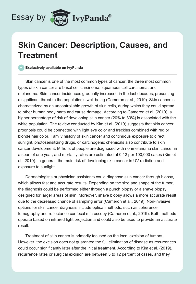 Skin Cancer: Description, Causes, and Treatment. Page 1