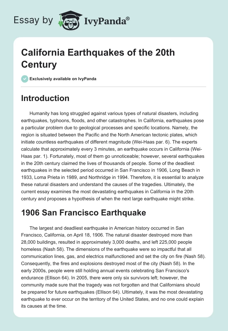 California Earthquakes of the 20th Century. Page 1