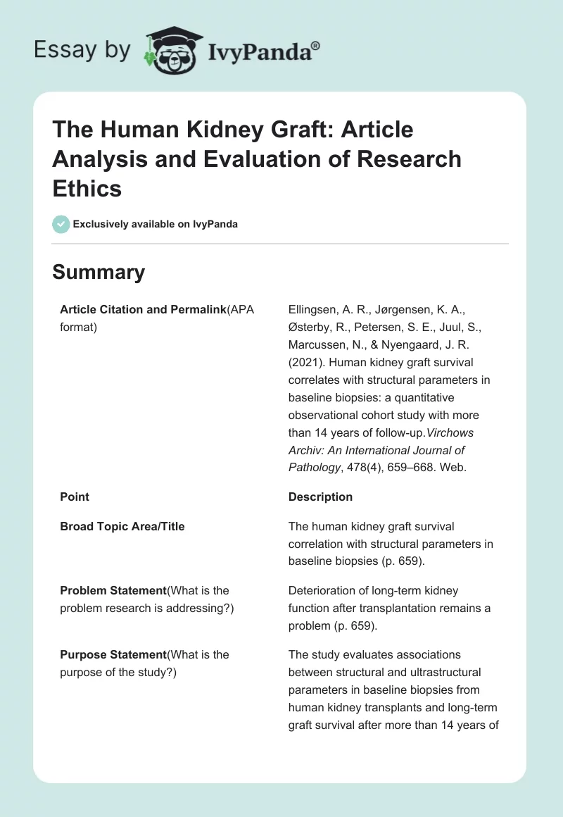 The Human Kidney Graft: Article Analysis and Evaluation of Research Ethics. Page 1
