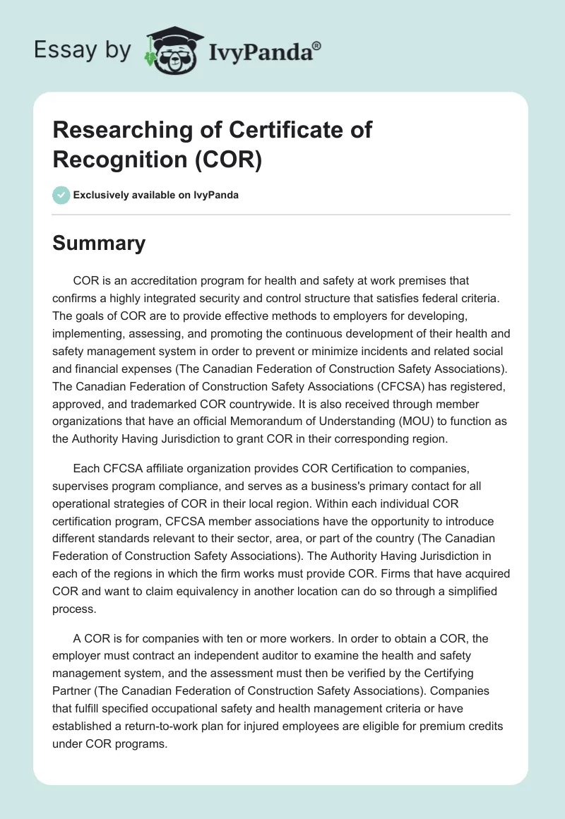 Researching of Certificate of Recognition (COR). Page 1