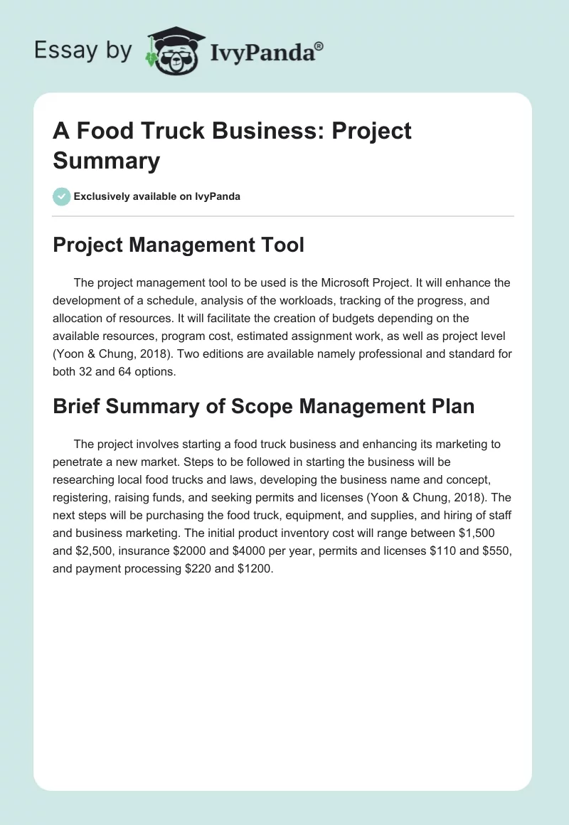 A Food Truck Business: Project Summary. Page 1
