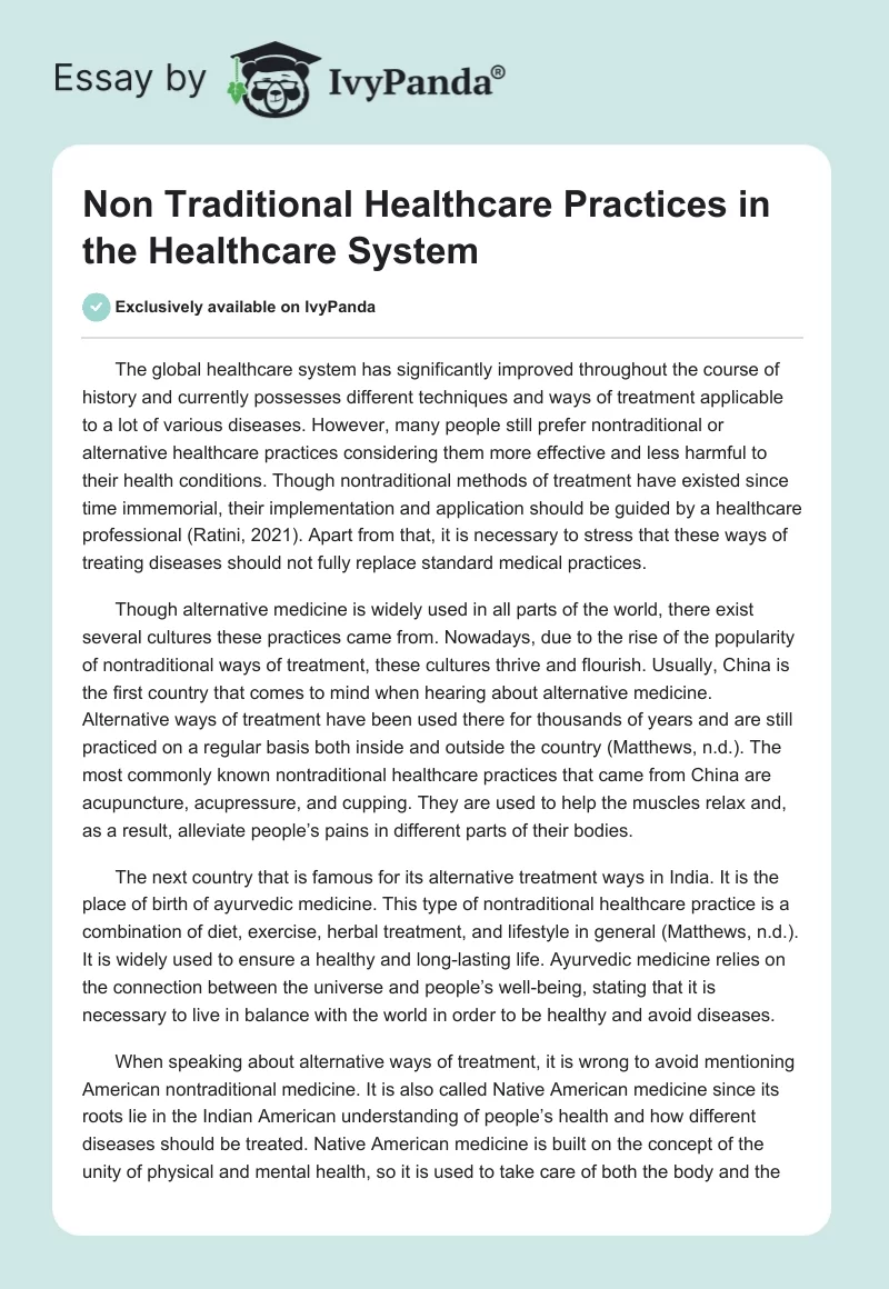 Non Traditional Healthcare Practices in the Healthcare System. Page 1