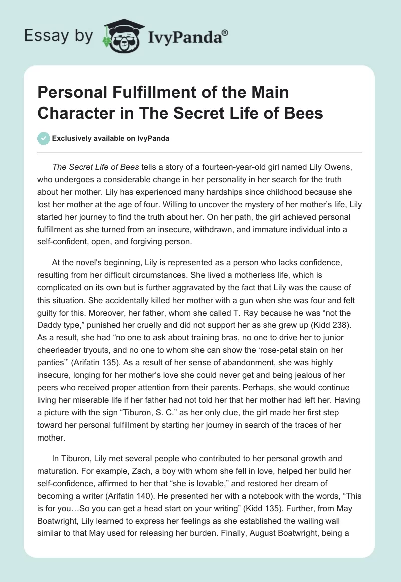 Personal Fulfillment of the Main Character in "The Secret Life of Bees". Page 1
