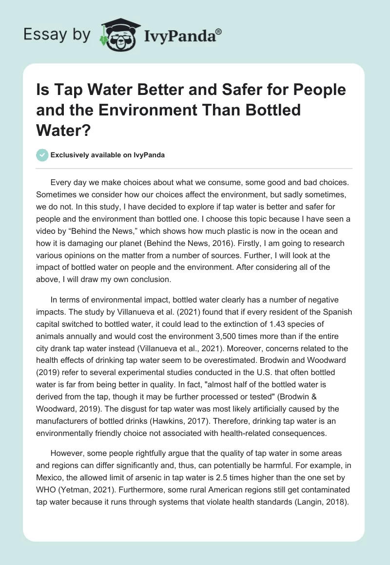 Is Tap Water Better and Safer for People and the Environment Than Bottled Water?. Page 1